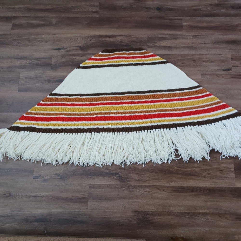 Vintage Handmade Knit Striped Poncho Fringe Boho Cream Orange Brown Multi-Color